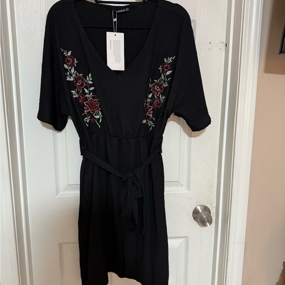 BloomChic Black Dress with Red Floral Embroidery